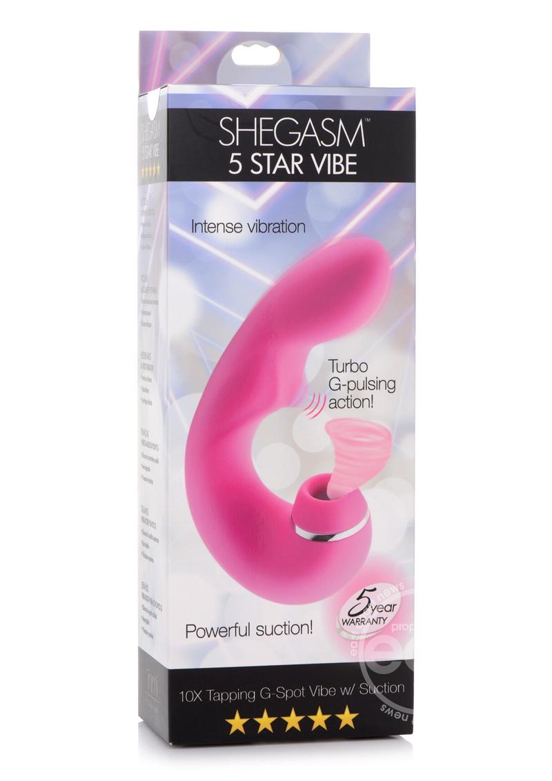 Shegasm box packaging. Features the text "5 star vibe," "intense vibration," "powerful suction," "10X Tapping G-Spot Vibe w/ Suction," "Turbo G-pulsing action," and "5-year waranty."