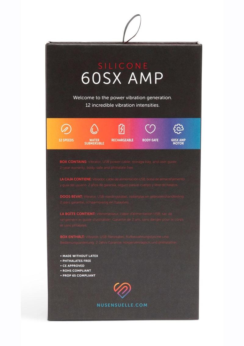 Back of the NU Sensuelle AMP box, which features product information. Silicone 60SX AMP. Welcome to the power vibration generation. 12 speeds. water submersible. rechargeable. body safe. 60SX AMP motor." made without latex, phthalate-free.