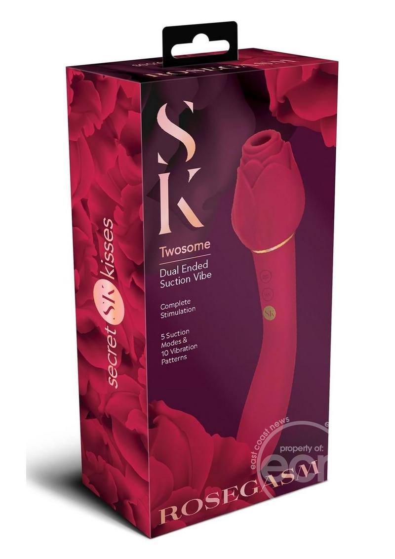 Secret Kisses Rosegasm Twosome Rechargeable Silicone Dual End Vibrator with Clitoral Stimulator - Red