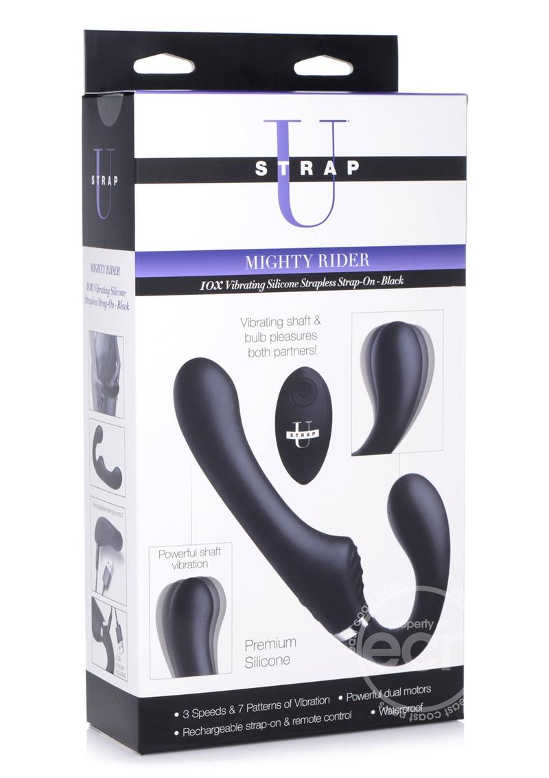 Strap U Mighty Rider 10x Silicone Rechargeable Strapless Strap-On with Remote Control - Black
