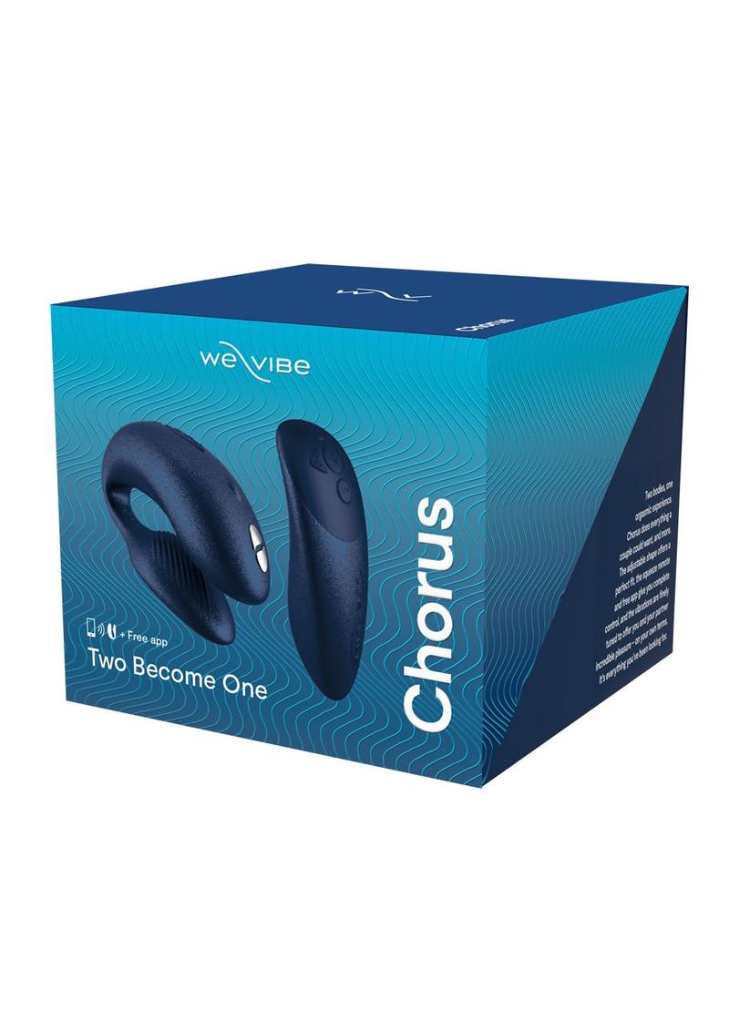 Image depicts packaging for the Chorus couples vibrator with squeeze remote control by We Vibe blue variant. Contains the text "Two Become One."