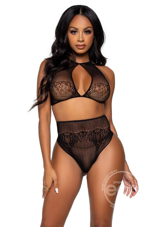 Leg Avenue Dotted Net Keyhole Halter Crop Top with Lace Accents and High Waist Thong Panty (2 pieces)