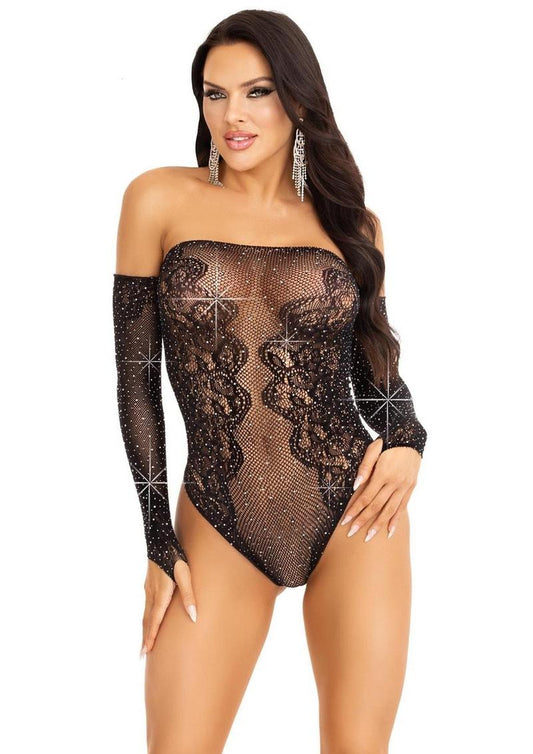 Leg Avenue Rhinestone Net and Lace Off the Shoulder Teddy