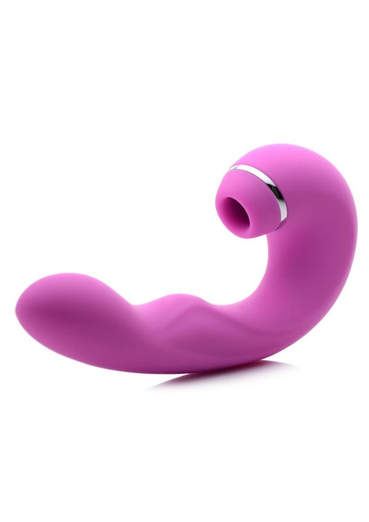 A pink, curved silicone vibrator. The clitoral end has a suction with a tapping element inside it. The internal end has a g-spot thumper and a vibrating shaft.