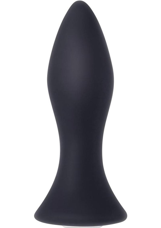 A black, compact silicone anal plug with a smooth, bulbous shape and a tapered tip.
