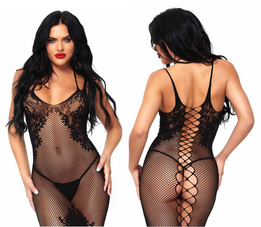 A woman modeling a black fishnet lace bodysuit shown from both the front and back against a plain white background.