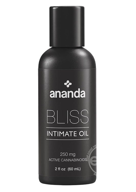 This image displays a 2 fl. oz.  bottle of "Bliss Intimate Oil" by Ananda. The black bottle is sleek and modern, with minimalist white and silver text and icons that highlight its natural ingredients such as Cacao, Peppermint, and Black Pepper. 