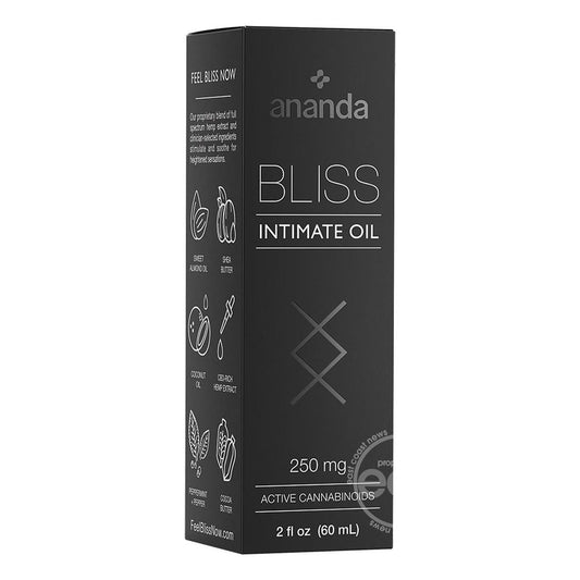 This image displays the packaging of "Bliss Intimate Oil" by Ananda, a premium lubricant designed for both clitoral stimulation and soothing effects. The product's packaging is sleek and modern, sporting a dark grey background with minimalist white and silver text and icons that highlight its natural ingredients such as Cacao, Peppermint, and Black Pepper.