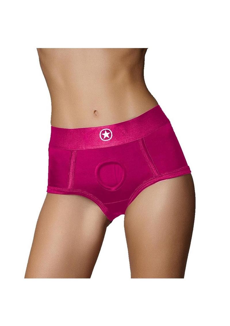 Pink strap-on underwear with a hole with an O-ring to fit a dildo. 