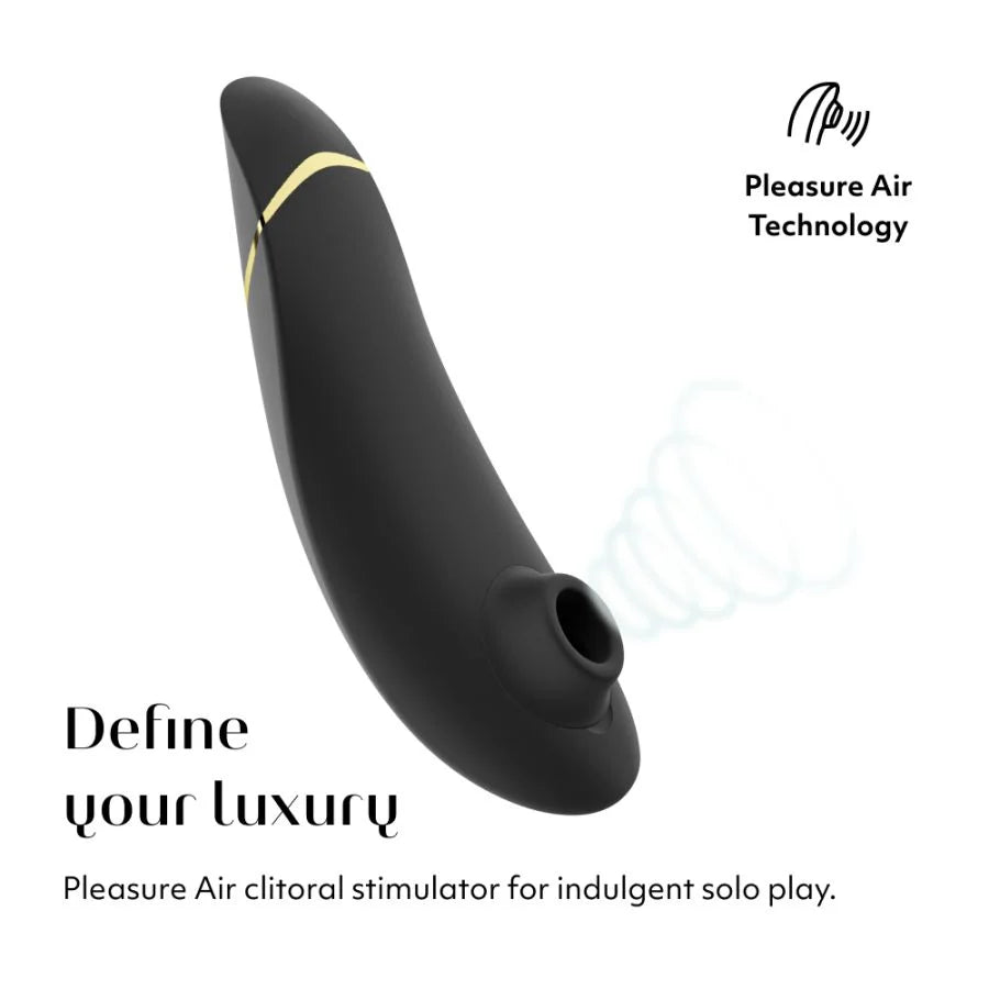 Black clitoral stimulator with gold accent on a white background, featuring 'Pleasure Air Technology' branding.