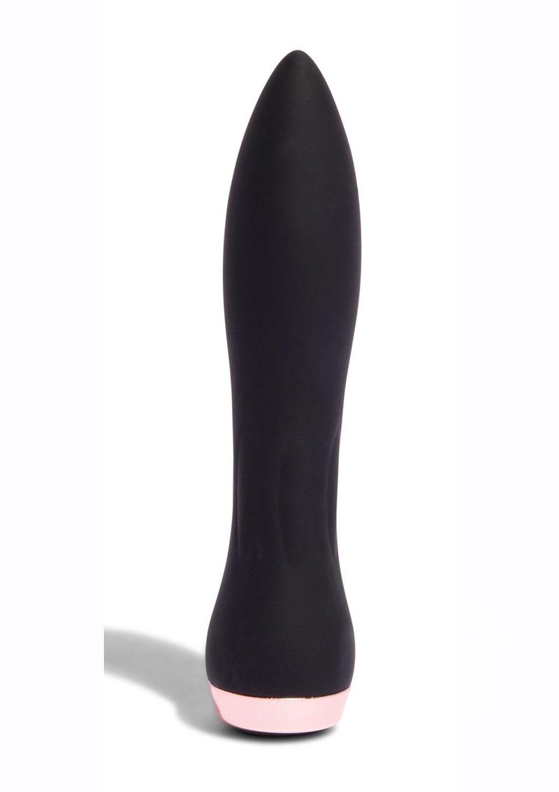 A sleek, black silicone rechargeable bullet vibrator with a rose gold base. The product has a smooth surface and a tapered design for pinpoint stimulation.