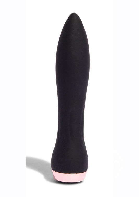 A sleek, black silicone rechargeable bullet vibrator with a rose gold base. The product has a smooth surface and a tapered design for pinpoint stimulation.