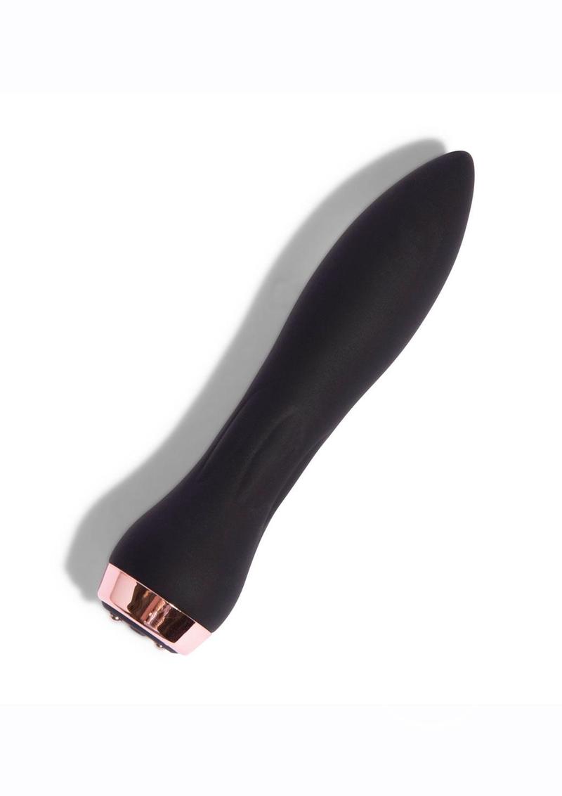 A sleek, black silicone rechargeable bullet vibrator with a rose gold base. The product has a smooth surface and a tapered design for pinpoint stimulation.