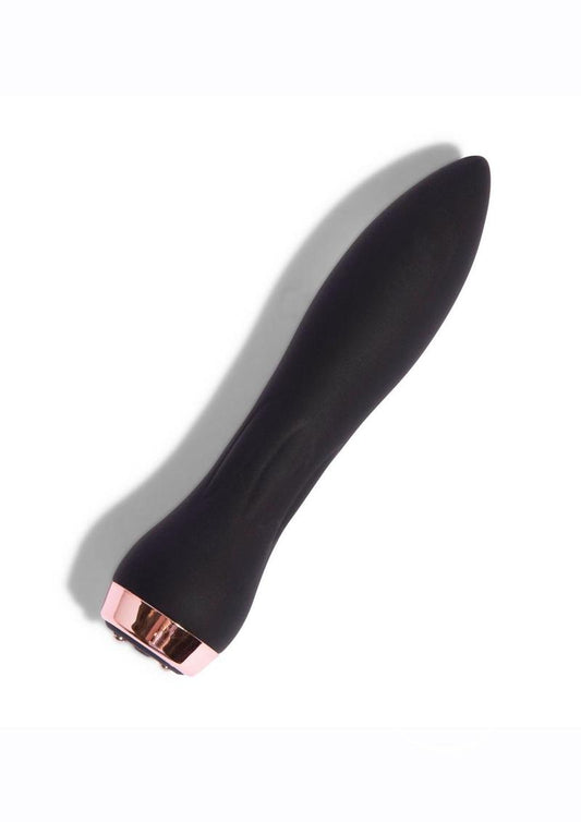 A sleek, black silicone rechargeable bullet vibrator with a rose gold base. The product has a smooth surface and a tapered design for pinpoint stimulation.