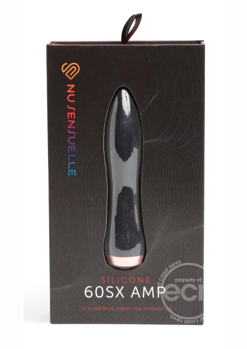 Product packaging. Box says "12 powerful vibratioln intensities" and the brand name "NUSensulle." A sleek, black silicone rechargeable bullet vibrator with a rose gold base. The product has a smooth surface and a tapered design for pinpoint stimulation.